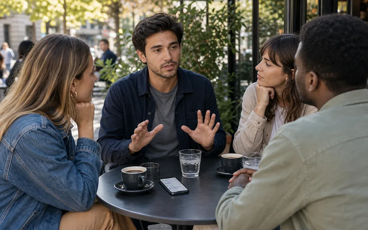 Friends discussing a social boundary at a cafe
