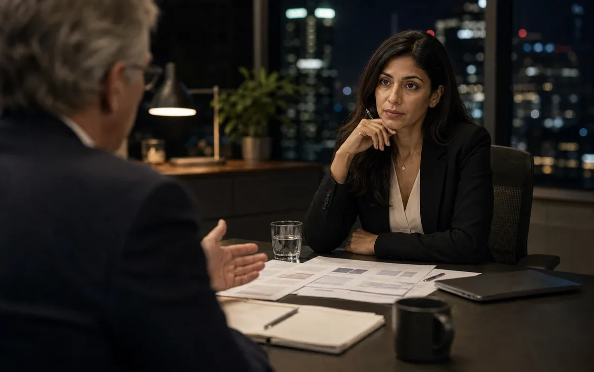 Founder handling a high-stakes negotiation at a table