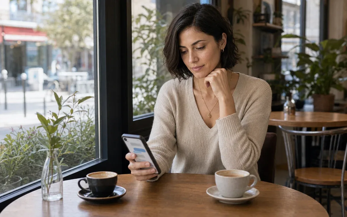 Person considering a relationship boundary in a public cafe